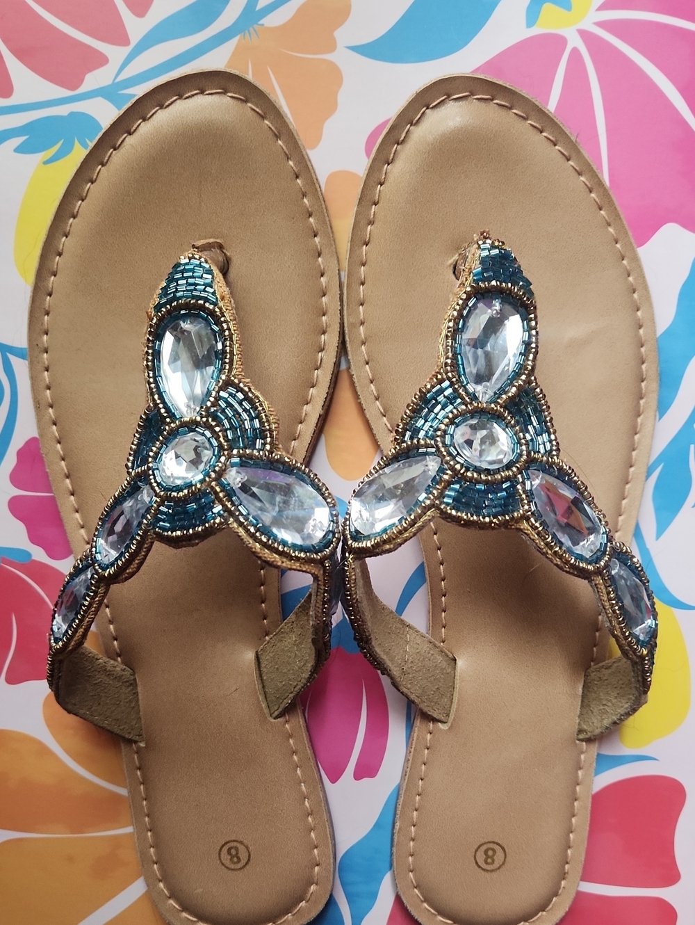 Embellished Tan Thong Sandals with Blue Crystal Accents